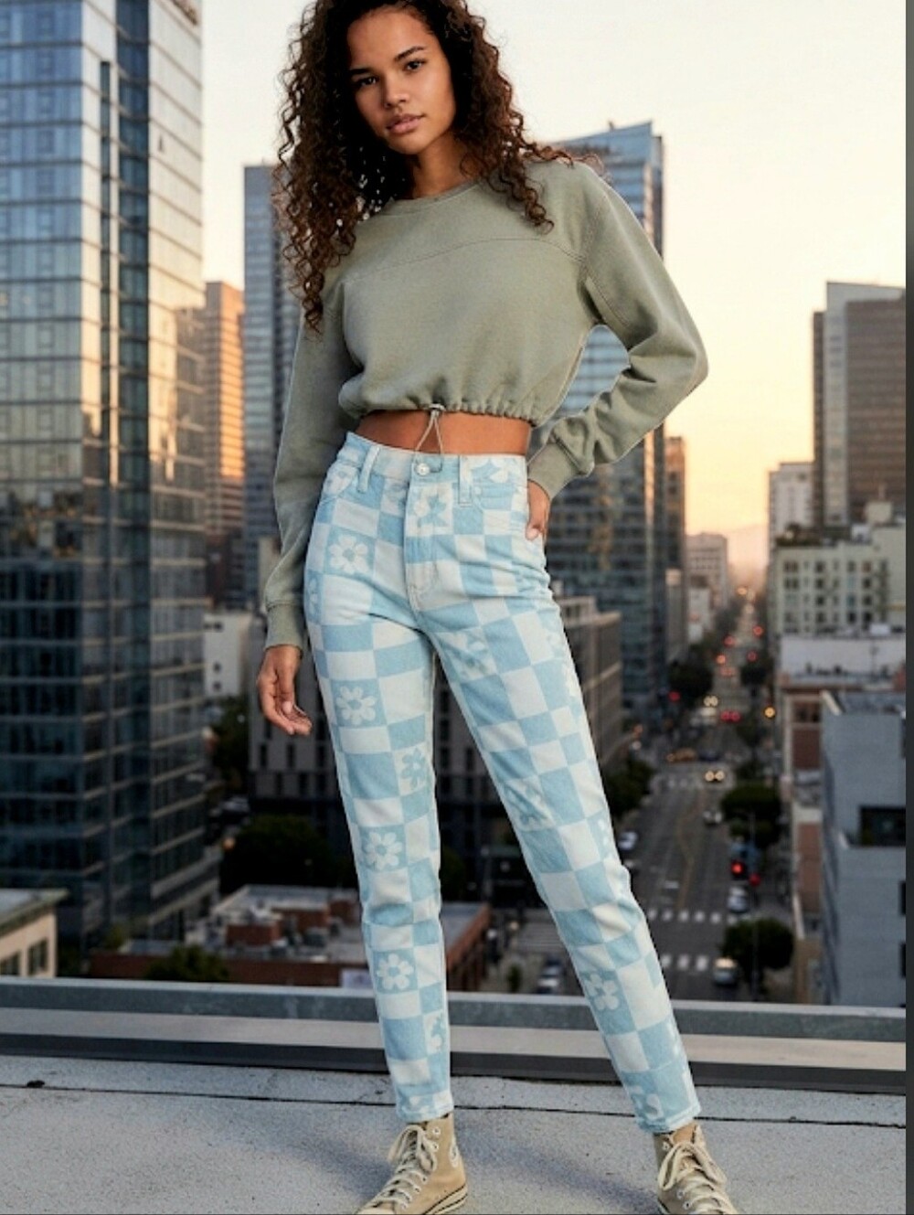 PacSun Eco Flower Mom Checkerboard Jeans Medium Indigo High Rise Size 29 NWT